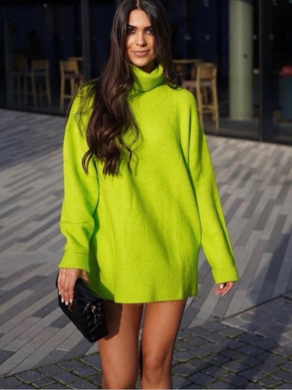 Neon Lime Turtleneck Sweater Dress